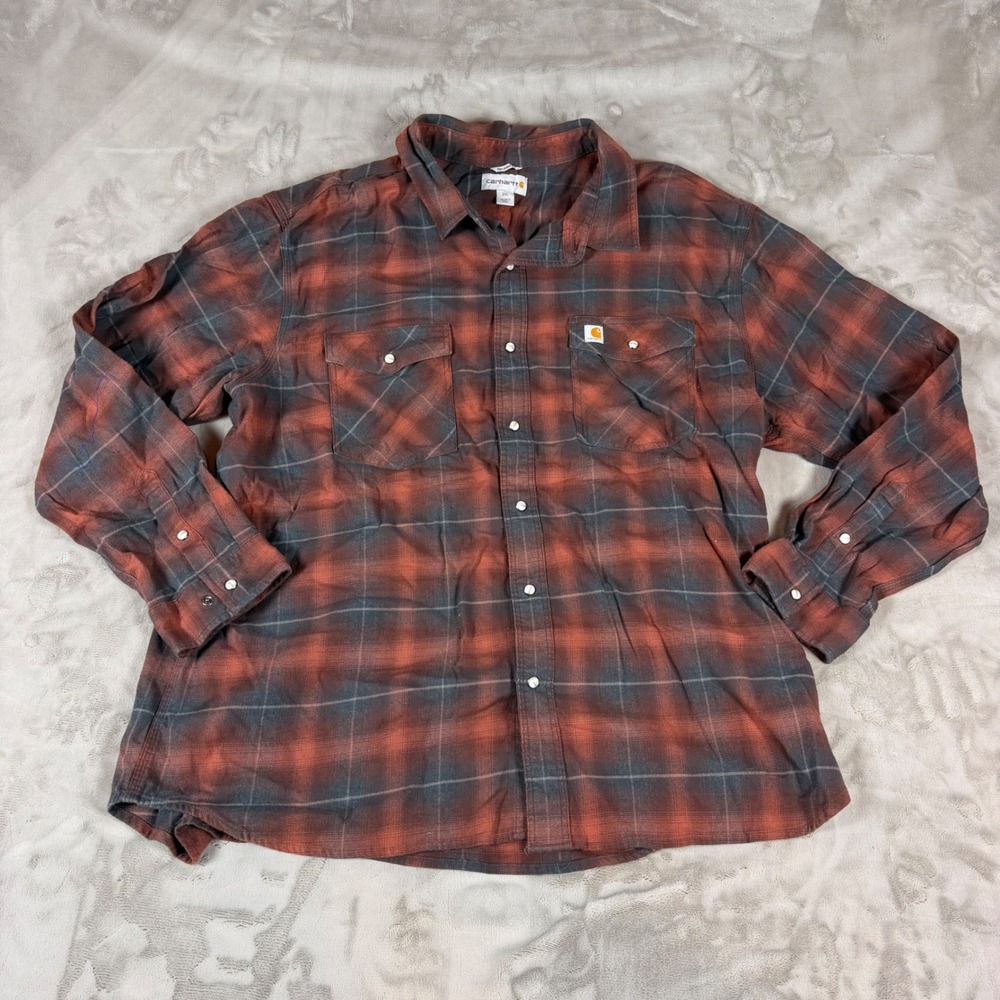 Carhartt Mens 2XL Relaxed Fit Rugged Flex Plaid Flannel Shirt Orange Gray 102825